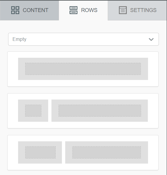 Användargränssnitt med tomma platshållarelement för innehåll, rader och inställningsflikar synliga.