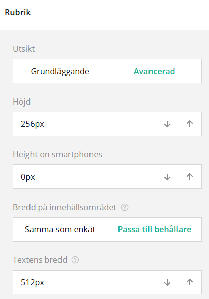 Skärmdump av ett användargränssnitt med inställningar för höjd, smartphonehöjd, innehållsyta och textbredd.