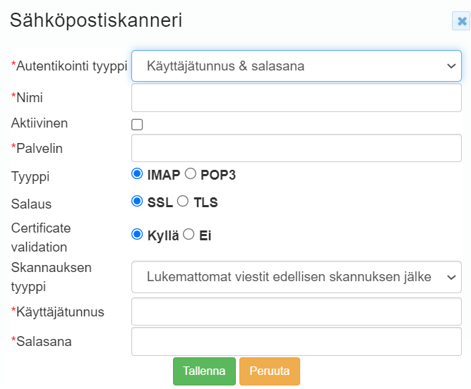 Kuvakaappaus sähköpostiskannerin määritysikkunasta, jossa on useita täyttämättömiä asetuskenttiä.