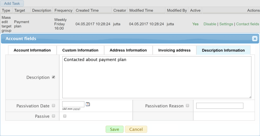 Screenshot of a task management interface with fields for account and payment plan details.
