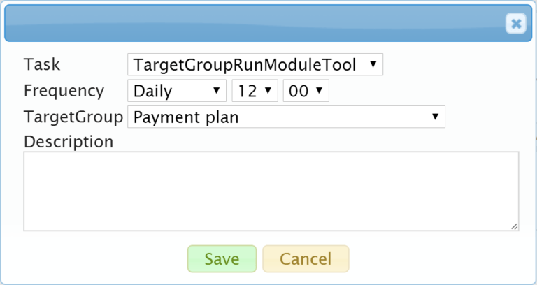 A software scheduling interface with task settings, frequency options, target group selection, and description field.