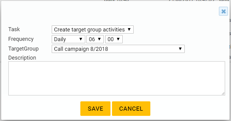 A screenshot of a task scheduling interface with options for task type, frequency, target group, and description.