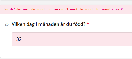 Felmeddelande i ett formulär som anger att ”32” är ett ogiltigt födelsedatum.