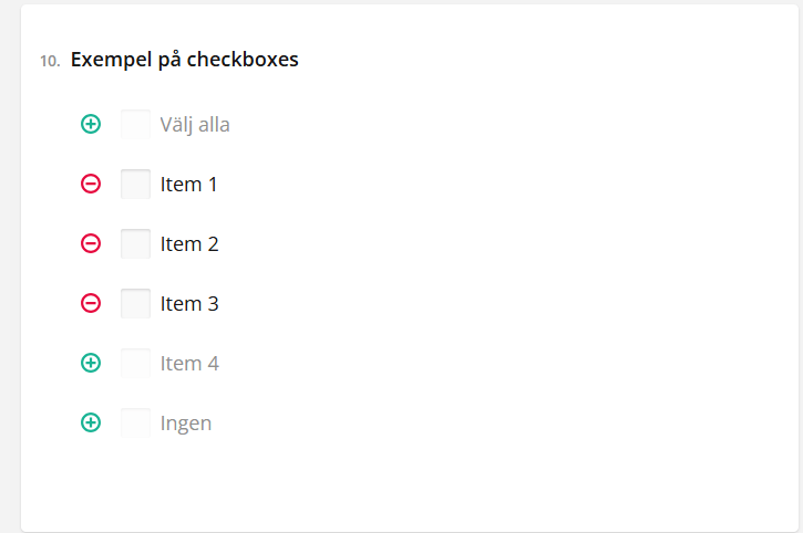 En skärmdump som visar ett frågeformulär med kryssrutor och olika alternativ som inte är markerade.