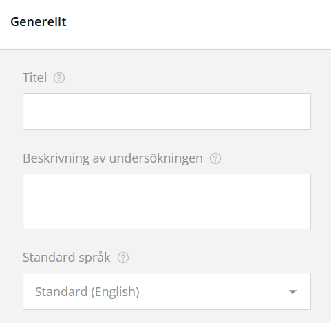 Skärmdump av inställningar för onlineundersökningar med fält för titel, beskrivning och språkval.