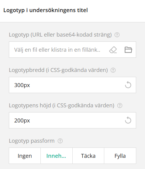 Inställningsgränssnitt för att lägga till en logotyp i undersökningens rubrik med alternativ för bredd och höjd.