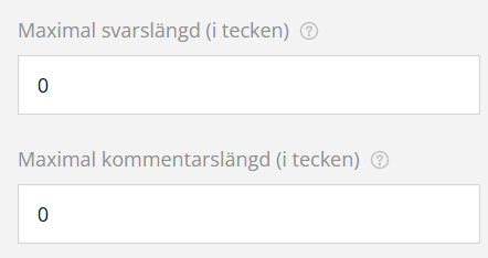 Skärmdump av inställningar med två fält för att begränsa längden på svar och kommentarer, båda inställda på noll.