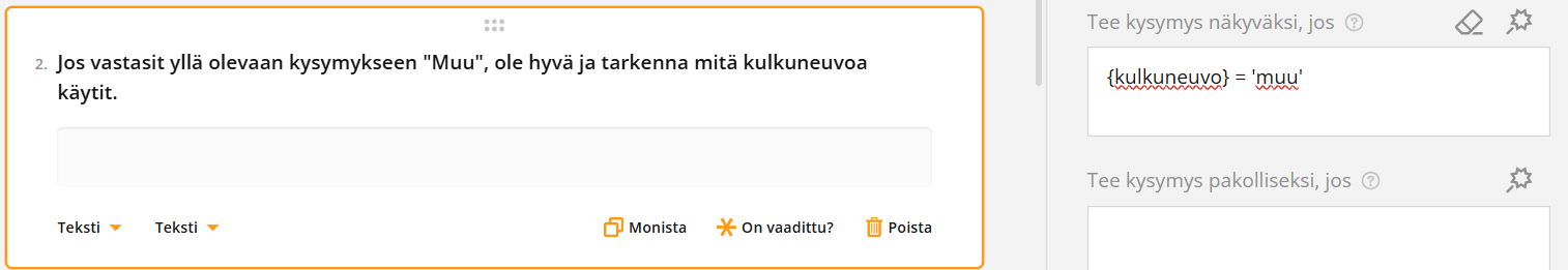 Kuvankaappaus kyselytutkimuksen kysymyksestä, jossa kysytään tiettyä kulkuvälinettä, jos on valittu "Muu".