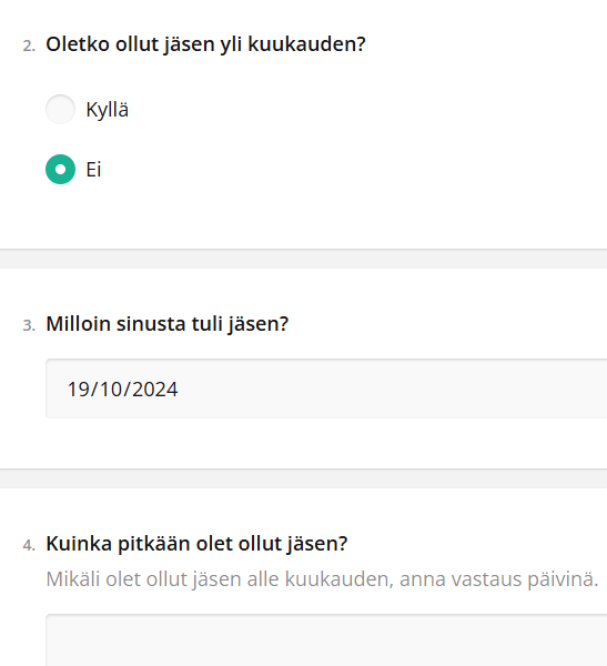 Online-jäsenyyskyselylomake, jossa on kysymyksiä jäsenyyden kestosta ja liittymispäivästä. Viimeinen kenttä on jätetty tyhjäksi.