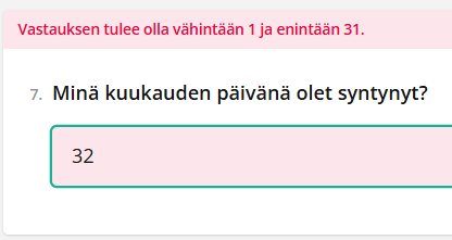 Lomakkeen virheilmoitus, jonka mukaan "32" on virheellinen syntymäaikamerkintä.