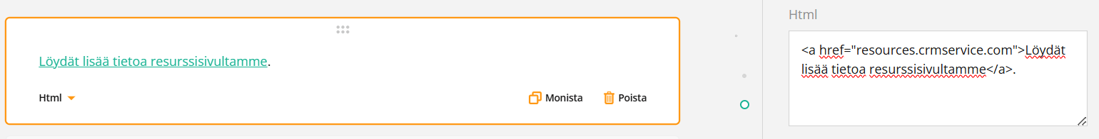 Verkkosivueditori, jossa vasemmalla puolella on linkki ja oikealla puolella HTML-merkintäkielinen teksti