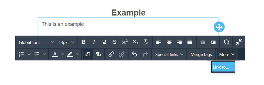 A toolbar interface featuring text formatting options like font size, bold, italics, and linking tools, labeled 'Example'.