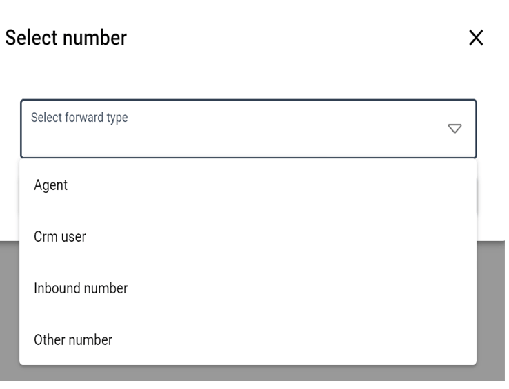 Screenshot of a call forwarding interface with options for agent, CRM user, inbound, or other number.