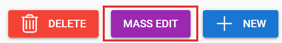 Three buttons: a red "DELETE," a purple "MASS EDIT," and a blue "NEW," showcasing options for managing items in a digital interface.