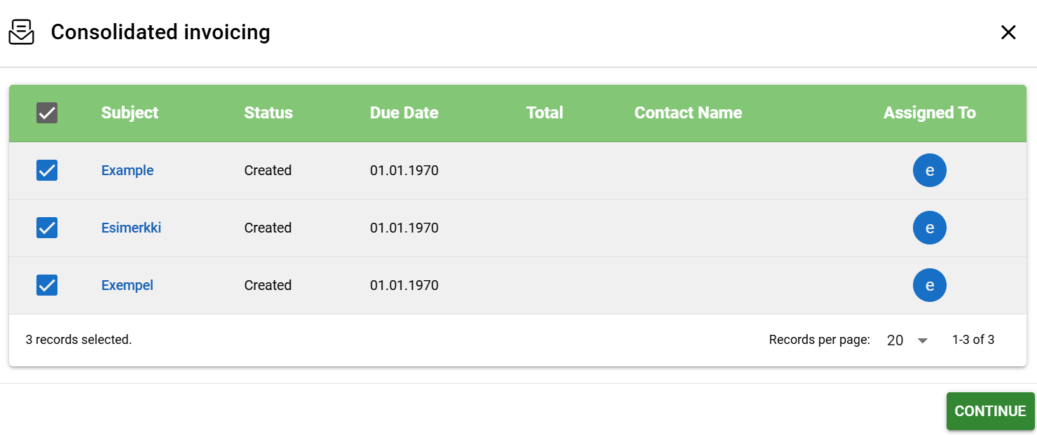 Screenshot of a digital consolidated invoicing interface with a table of three sample records.