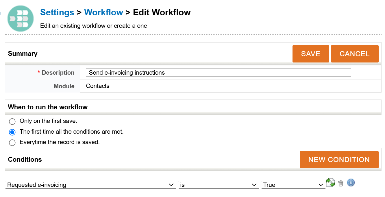 Screenshot of a workflow editing interface with options to save or cancel changes.
