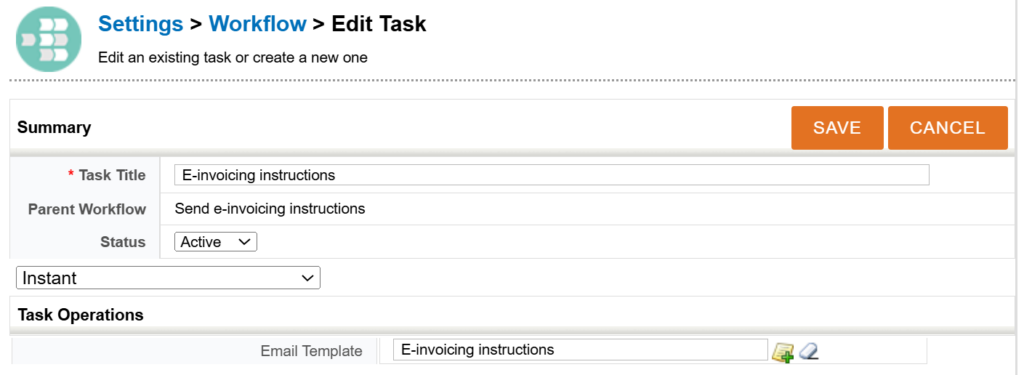Screenshot of a task editing interface with fields for title, workflow, status, and options to save or cancel.