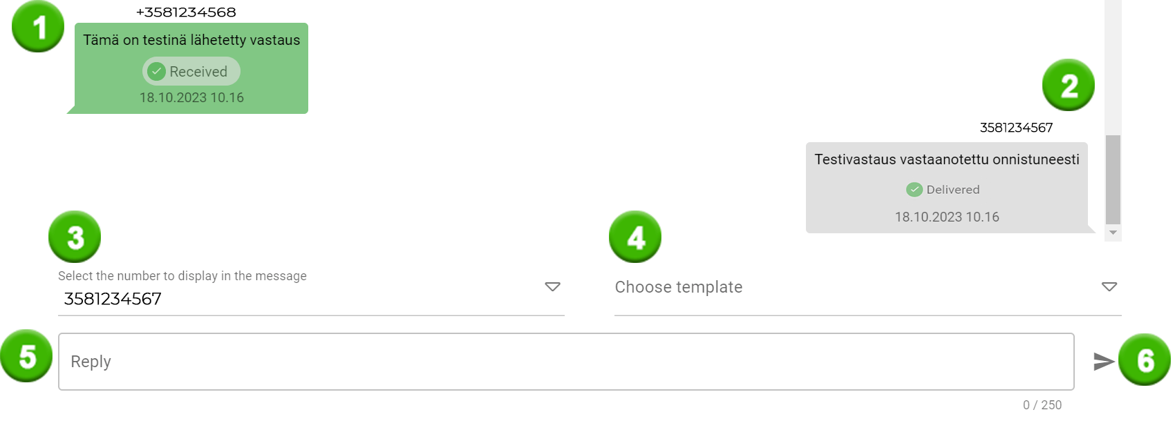 Messaging interface showing text message exchange with delivery status indicators and a reply field.