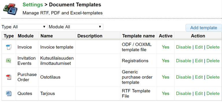 Screenshot of document templates settings with various template types like Invoice, Invitation Events, and Quotes.
