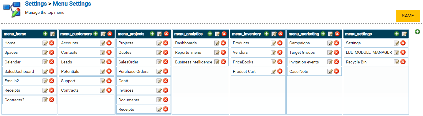 Screenshot of software settings page showing menu configuration options for different modules.