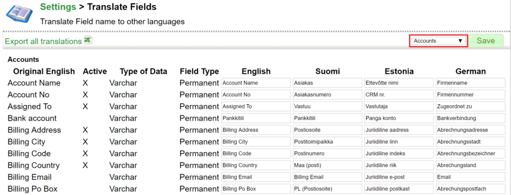 Screenshot of a translation interface showing various field names and their translations in multiple languages.