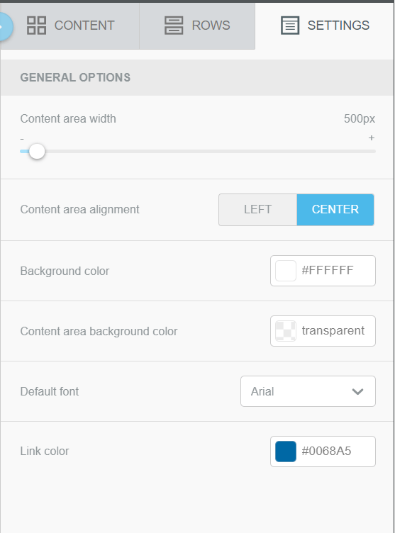Skärmdump av en inställningspanel för en e-postmall med alternativ för layout och design.
