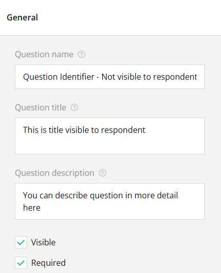 Screenshot of the survey settings with fields for question name, title and description.