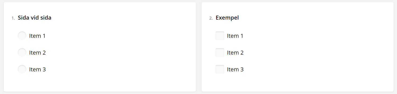 Två frågor med titlarna ”1. Sida vid sida” och ”2. Exempel”, var och en med objekt 1 till 3 och olika punktstilar.