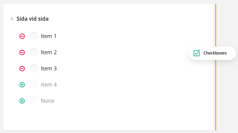 Skärmdump som visar en del av ett gränssnitt med alternativ märkta Item 1 - 4, och en vald ”Checkboxes”-funktion över den orange linjen till höger i bilden.