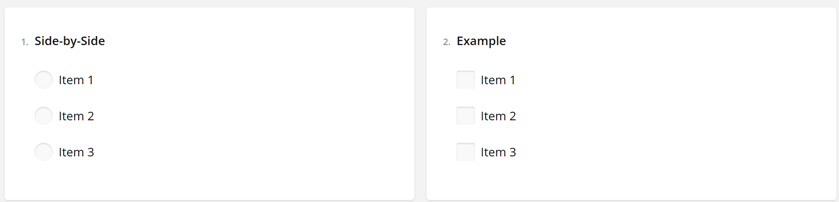 Two questions titled "1. Side-by-Side" and "2. Example," each with items 1 to 3 and different bullet styles.