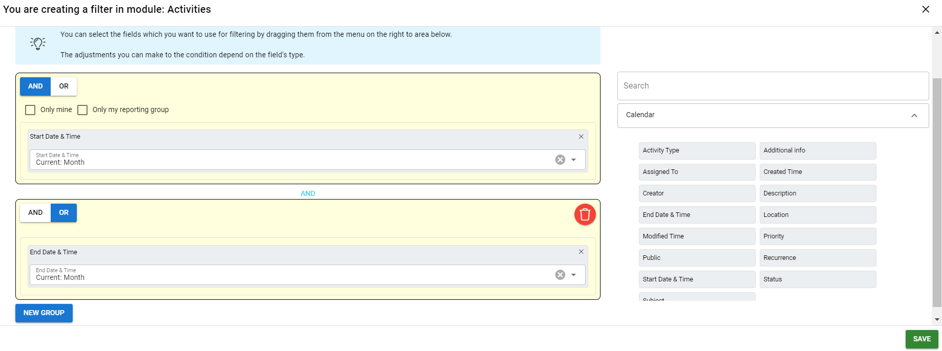 Screenshot of a user interface for creating a filter in an 'Activities' module with options to specify criteria.