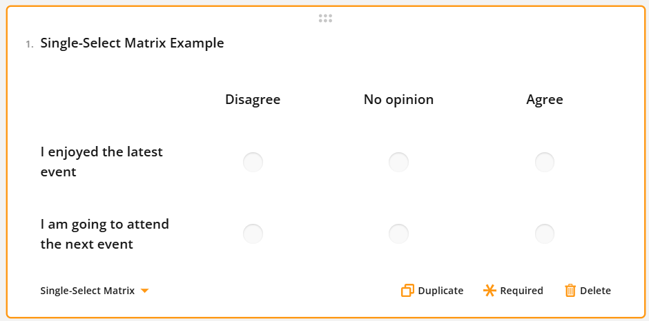 Screenshot of a survey with a single-select matrix showing options for event feedback.