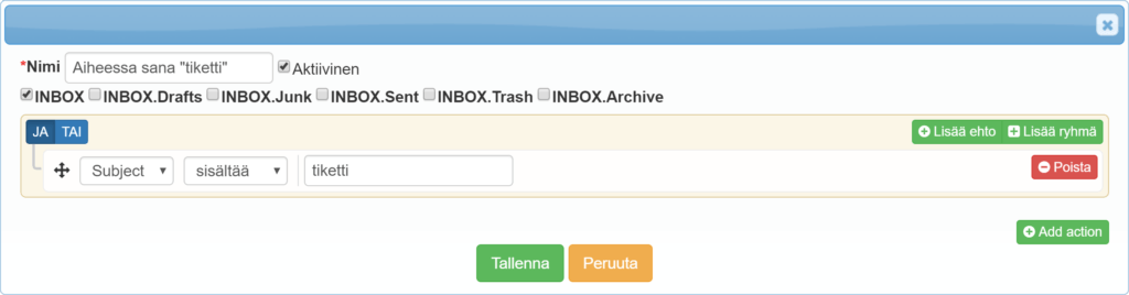 Sähköpostin suodatuskäyttöliittymä, jossa on sääntö, joka etsii sähköpostit, joiden aiheena on ”tiketti”.