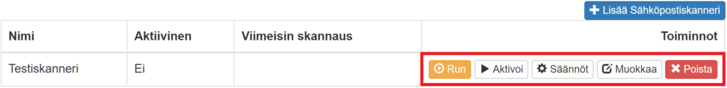 Kuvakaappaus web-käyttöliittymästä, jossa näkyy taulukko, jossa on ”Testiskanneri” -merkintä ja toimintopainikkeet ”Run”, ”Aktivoi”, ”Säännöt”, ”Muokkaa” ja ”Poista”.