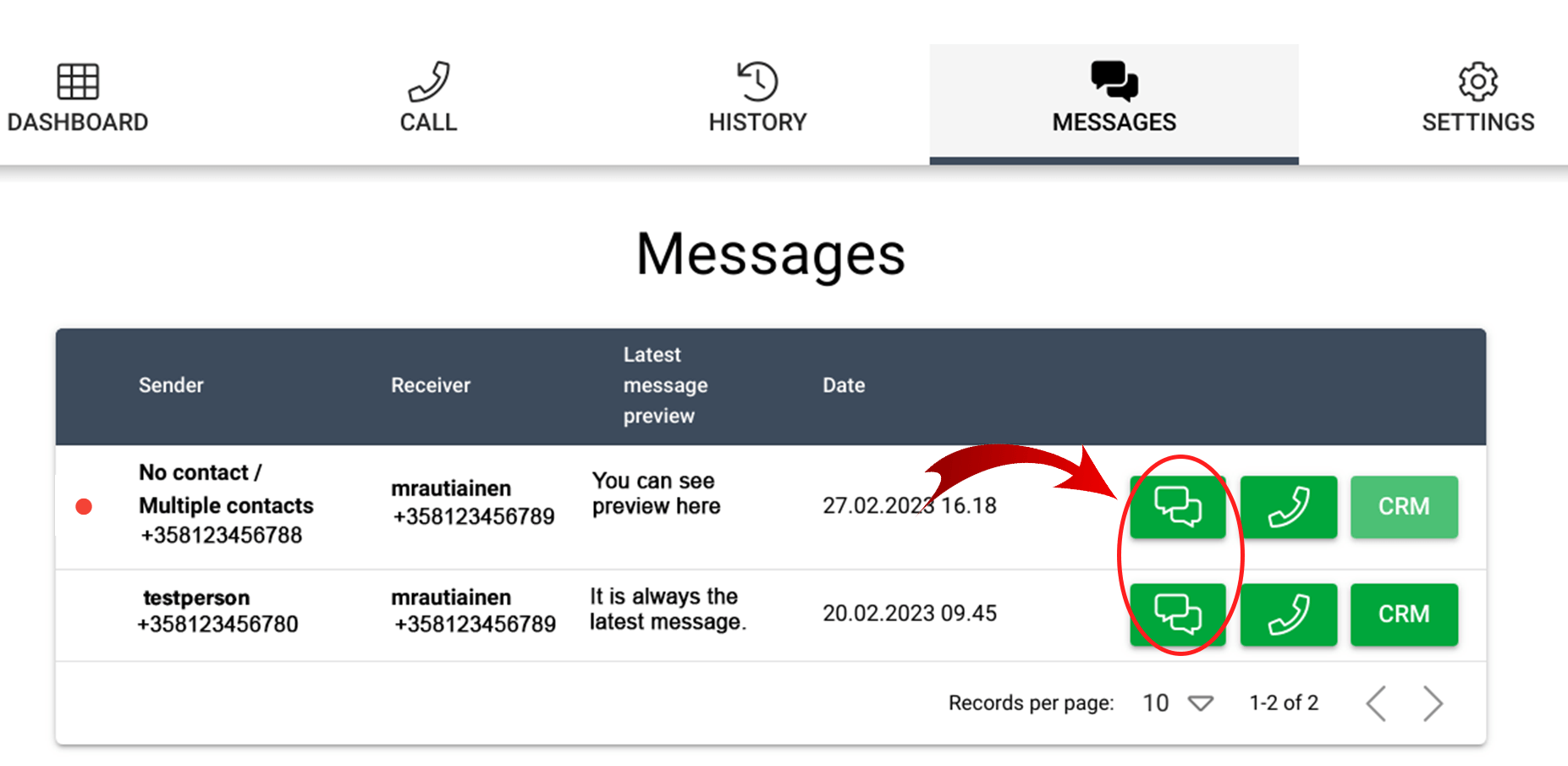 Screen capture of a messaging interface with highlighted icons for message management functions.