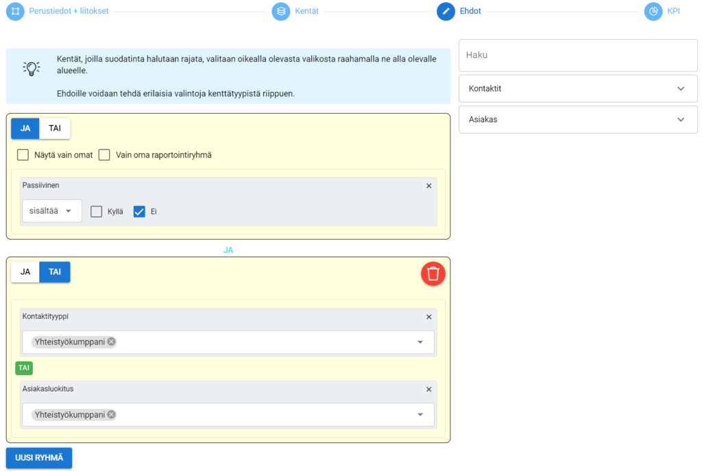 Kuvakaappaus ohjelmistokäyttöliittymästä, jossa voidaan luoda suodatusehtoja loogisilla operaattoreilla (AND/OR).