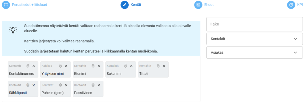 Kuvakaappaus ohjelmiston käyttöliittymästä, jolla voidaan suodattaa yhteystietoja eri kenttien, kuten yrityksen nimen, etunimen ja sähköpostin, perusteella.