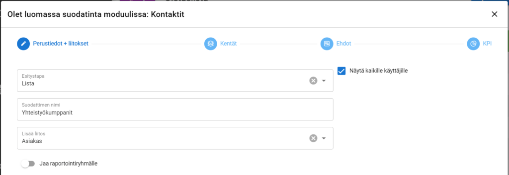 Kuvakaappaus suodattimen luontirajapinnasta kontaktit-moduulissa, jossa on vaihtoehtoja perusrelaatioille ja -ehdoille.