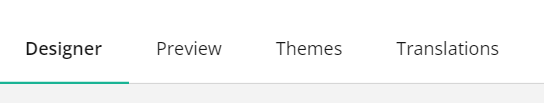 User interface tabs labeled "Designer," "Preview," "Themes," "Translations" with "Designer" active.