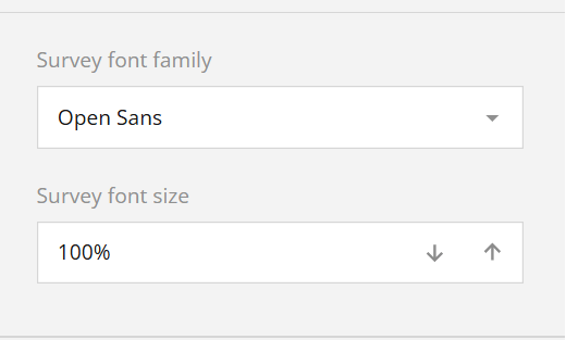 Interface options for setting survey font family to 'Open Sans' and font size to '100%'.