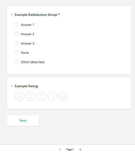 Screenshot of a survey form with two questions: a multiple choice radio button group and a smiley-face rating scale.