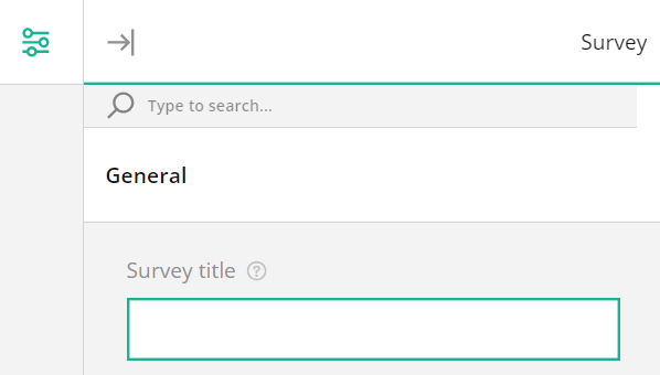 Screenshot of a survey creation interface with search bar, General menu and a field labeled "Survey title".