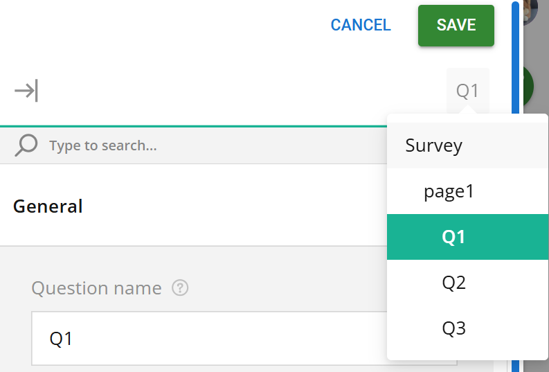 Graphical user interface of a survey tool with "Q1" highlighted as the current selection.