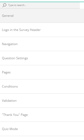 Screenshot of a survey settings menu with options like General, Navigation, and Pages.