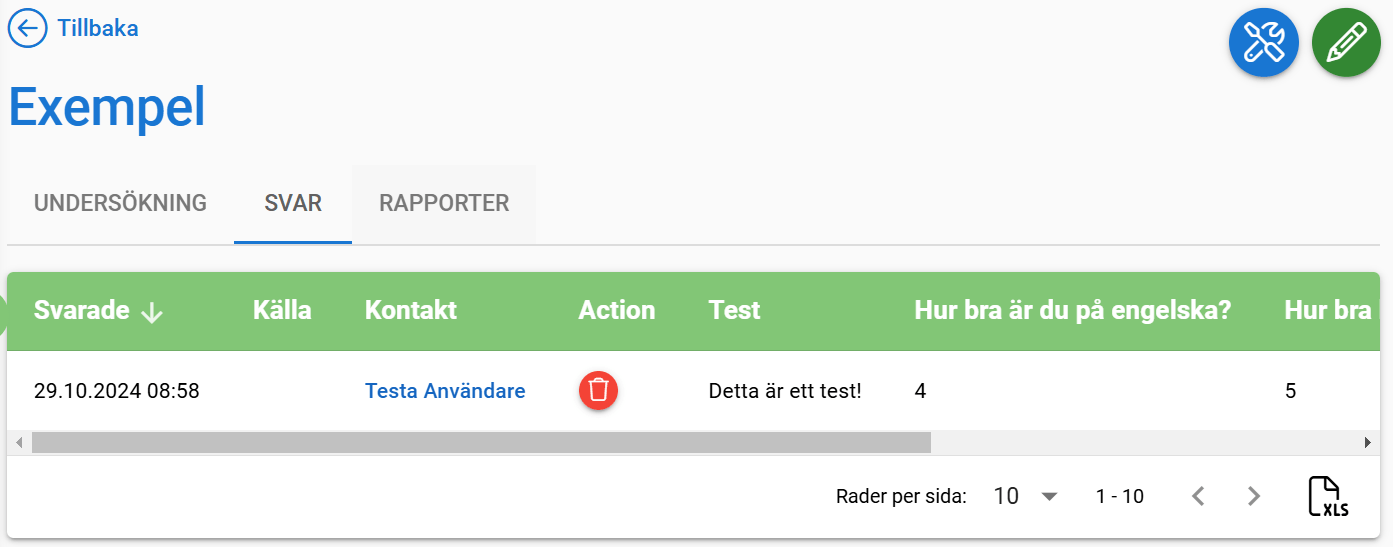 Webbgränssnitt som visar en tabell med svarsdata från undersökningen och navigeringsknappar.