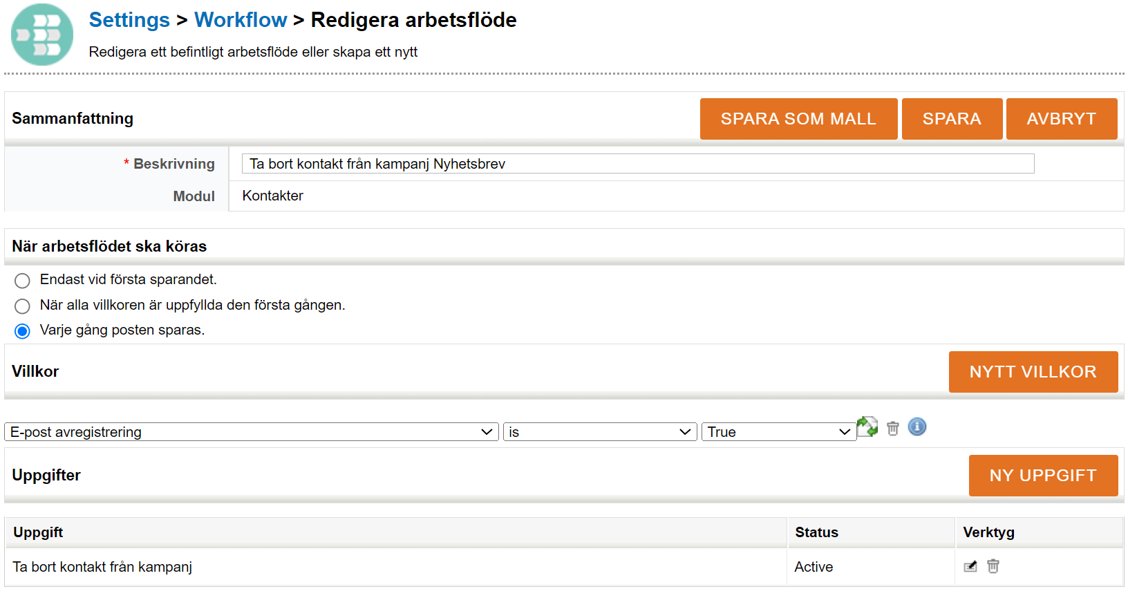 Skärmdump av ett gränssnitt för konfiguration av ett arbetsflöde för att ta bort kontakter från en nyhetsbrevslista.
