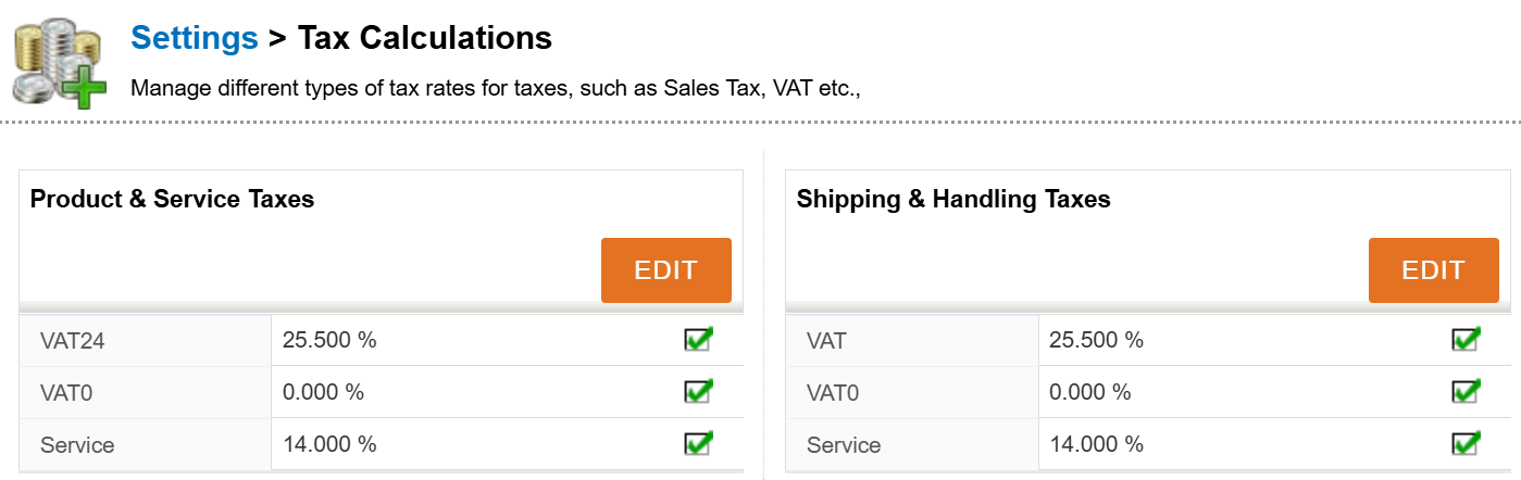 Screenshot of a tax calculation settings page listing different tax rates for products, services, and shipping.