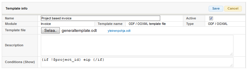 Screenshot of a template info interface for a "Project based invoice" with fields and conditional code snippet.