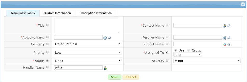 Screenshot of a software interface for ticketing with various fields like Title, Status, and Priority.