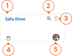 Henkilökortti, jossa näkyy henkilön nimi, hakukuvakkeet, poistokuvake, kalenterikuvake ja profiilikuva.